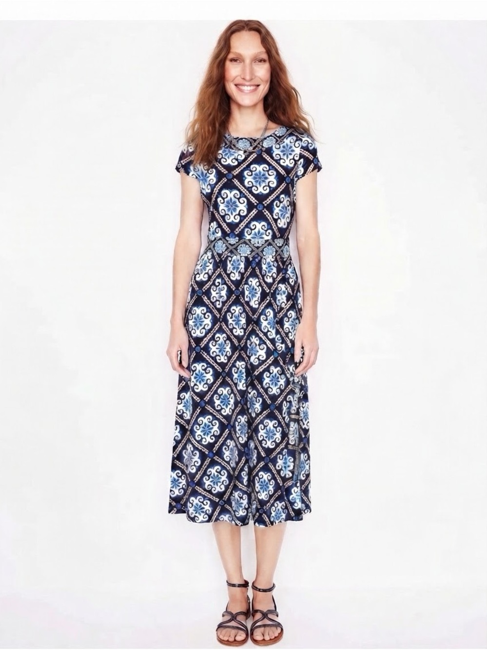 Boden Melanie Jersey Midi Dress Blue White Geometric Tile Print Cap Sleeve US 10